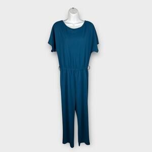 Shein Womens Round Neck Flutter Sleeve Blue Career Belt Looped Jumpsuit Medium